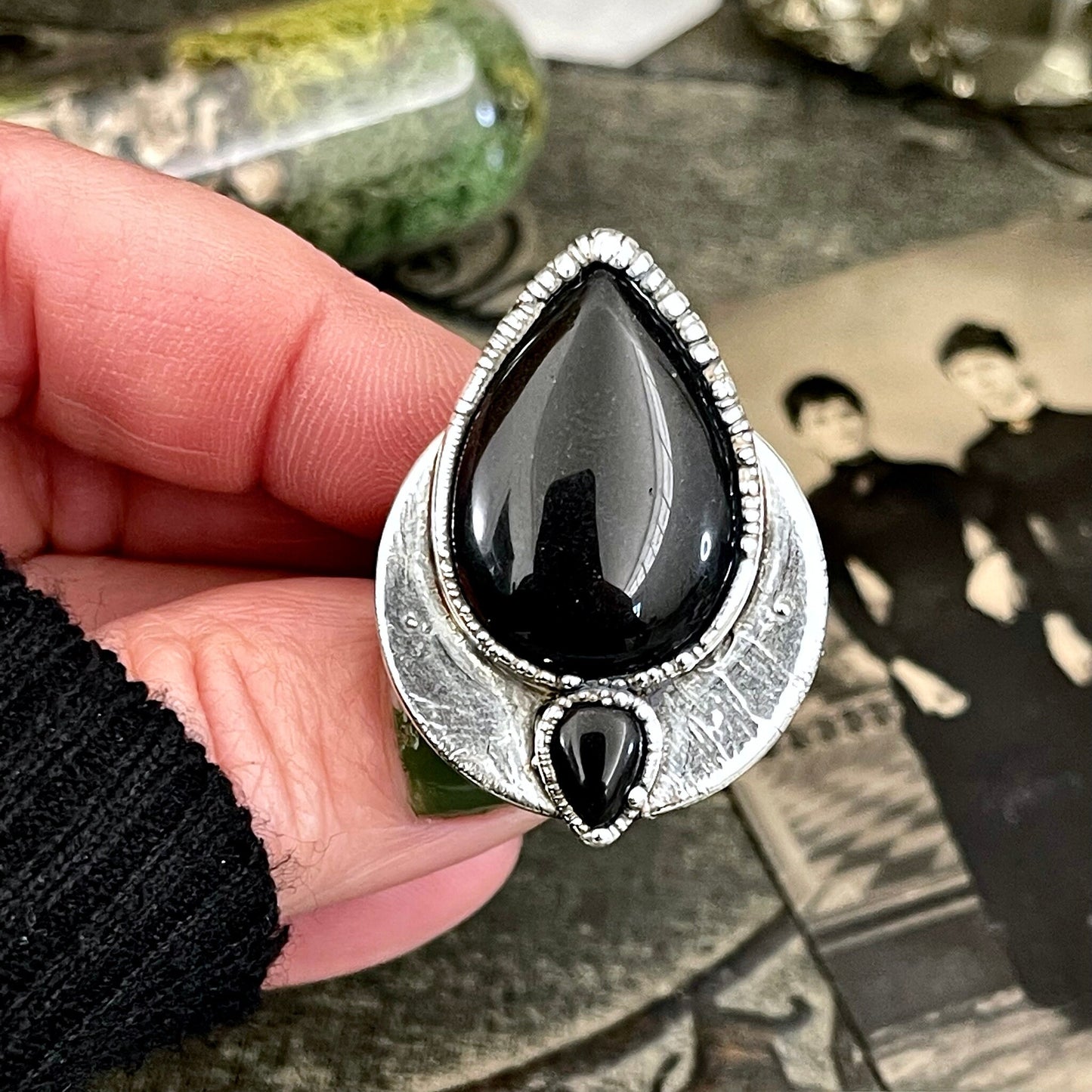Size 10 Two Stone Ring- Black Onyx Crystal Ring Fine Silver / Foxlark Collection - One of a Kind / Big Statement Alternative Jewelry