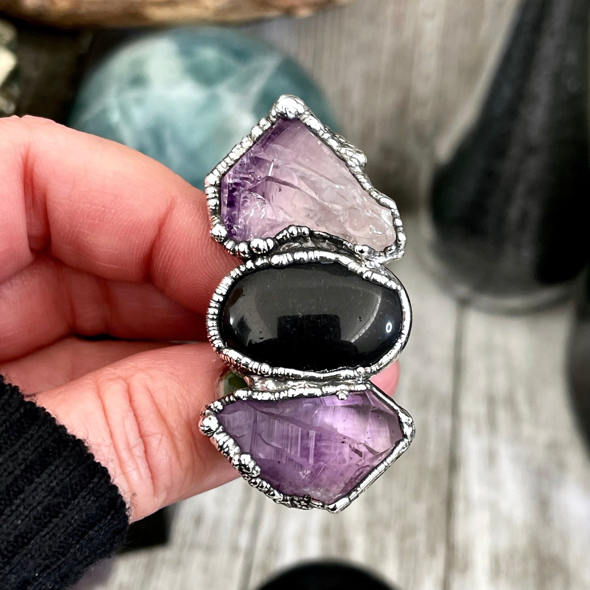 Size 9.5 Three Stone Ring- Amethyst Black Onyx Crystal Ring Fine Silver / Foxlark Collection - One of a Kind / Big Statement Jewelry