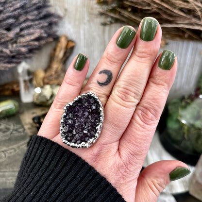 Size 7.5 Big Raw Amethyst Purple Crystal Ring in Fine Silver / Foxlark Collection - One of a Kind / Big Crystal Ring Witchy Jewelry