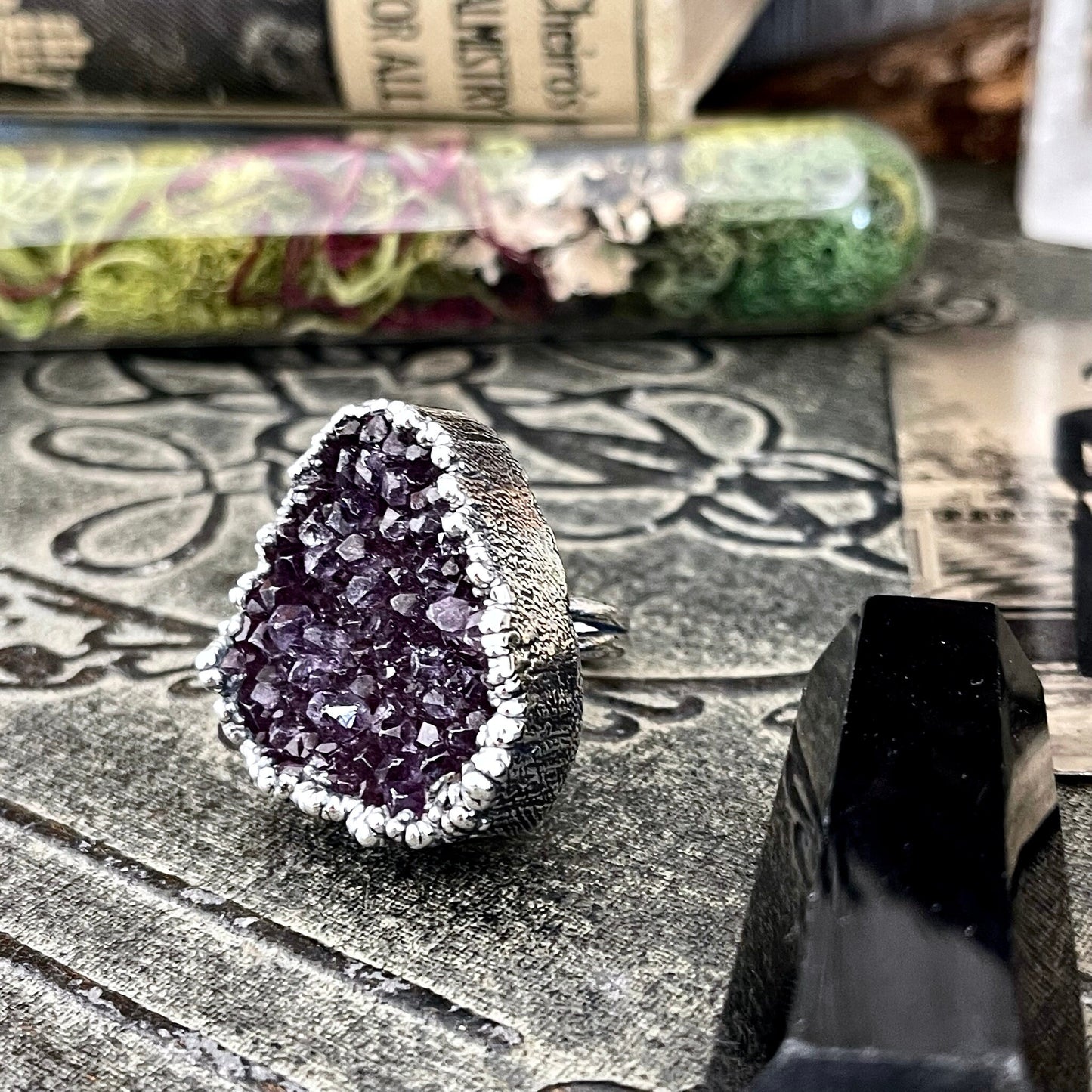 Size 8 Big Raw Amethyst Purple Crystal Ring in Fine Silver / Foxlark Collection - One of a Kind / Big Crystal Ring Witchy Jewelry