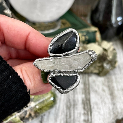 Size 8.5 Crystal Ring - Three Stone Ring Black Onyx Raw Clear Quartz Silver Ring / Foxlark Collection - One of a Kind / Big Crystal Jewelry