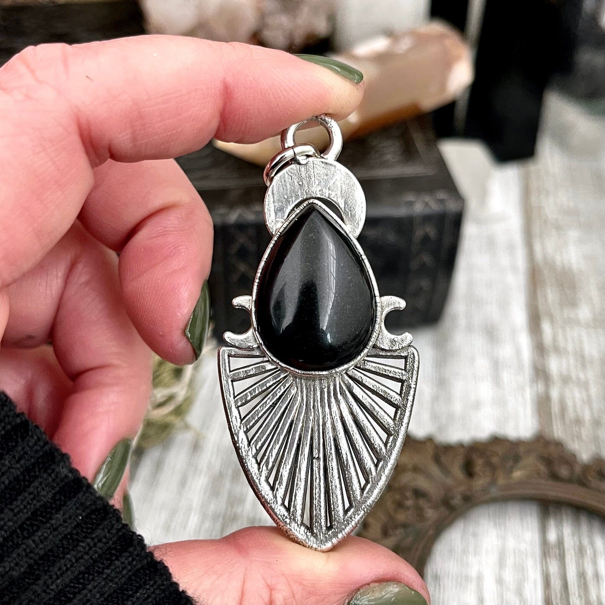 Crystal Necklace - Moss & Moon Collection - Black Onyx Teardrop Necklace in Fine Silver / / Punk Jewelry Gothic Pendent Gothic Witch