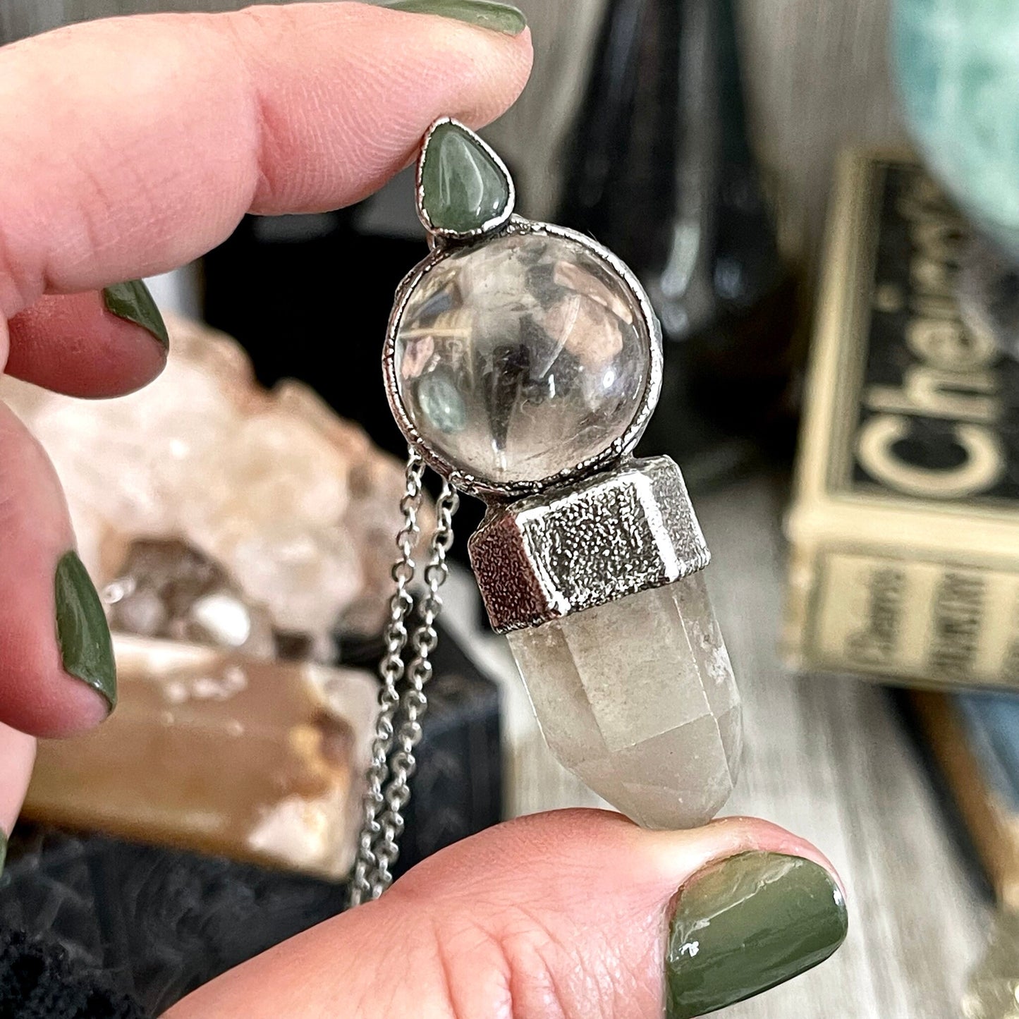 Crystal Necklace - Smoky Quartz Ball, Garden Quartz Point and Aventurine set in Fine Silver / One of a Kind - by Foxlark / Statement Jewelry