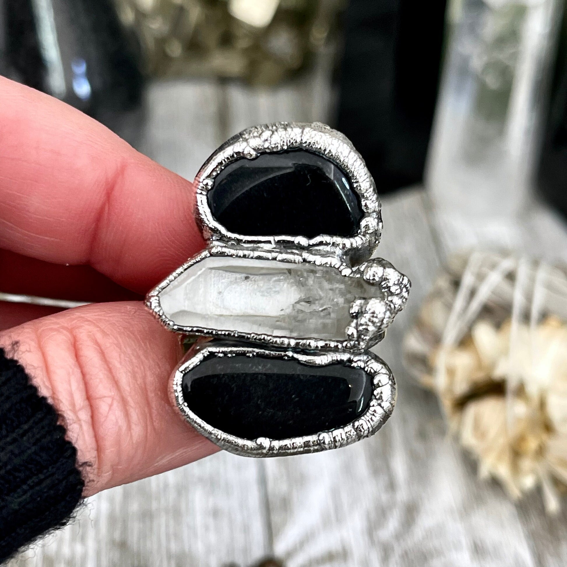 Size 6.5 Crystal Ring - Three Stone Ring Black Onyx & Clear Quartz Silver Ring / Foxlark Collection - One of a Kind / Big Crystal Jewelry