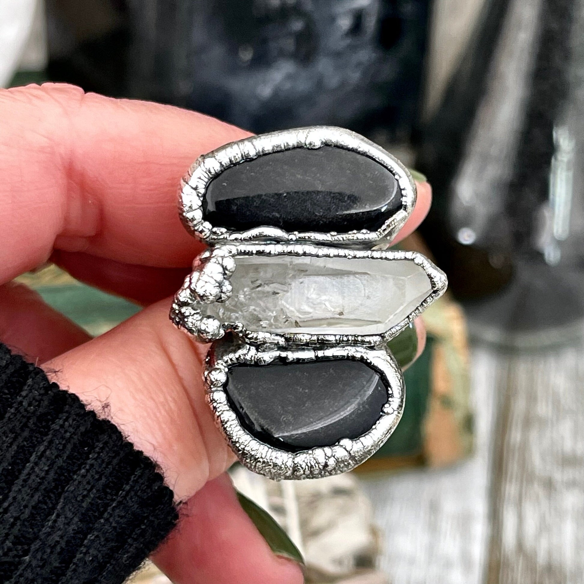 Size 6.5 Crystal Ring - Three Stone Ring Black Onyx & Clear Quartz Silver Ring / Foxlark Collection - One of a Kind / Big Crystal Jewelry