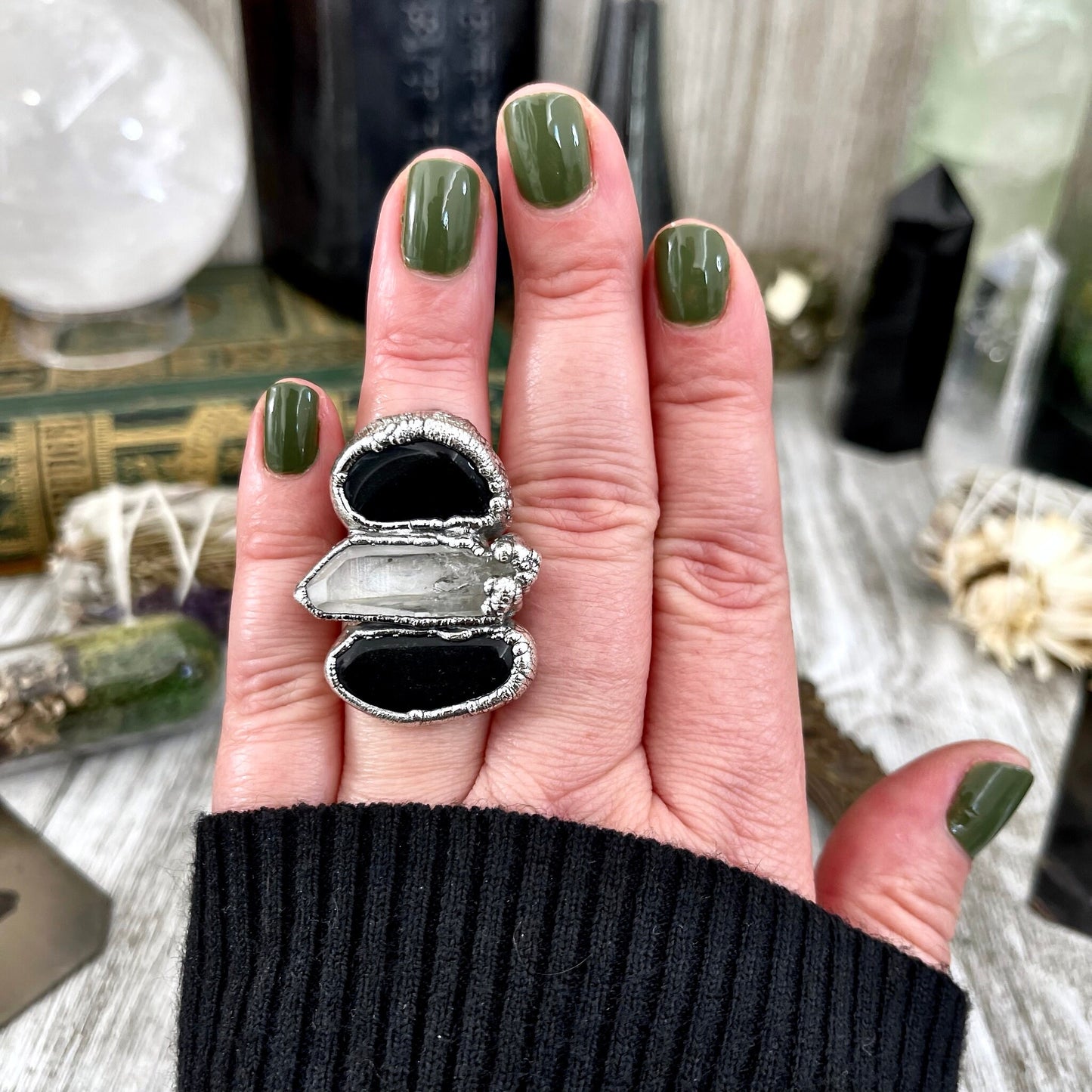 Size 6.5 Crystal Ring - Three Stone Ring Black Onyx & Clear Quartz Silver Ring / Foxlark Collection - One of a Kind / Big Crystal Jewelry