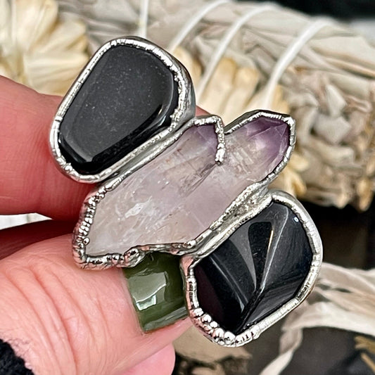 Size 7 Crystal Ring - Three Stone Black Onyx Purple Veracruz Amethyst Silver Ring / Foxlark Collection - One of a Kind / Big Crystal Jewelry