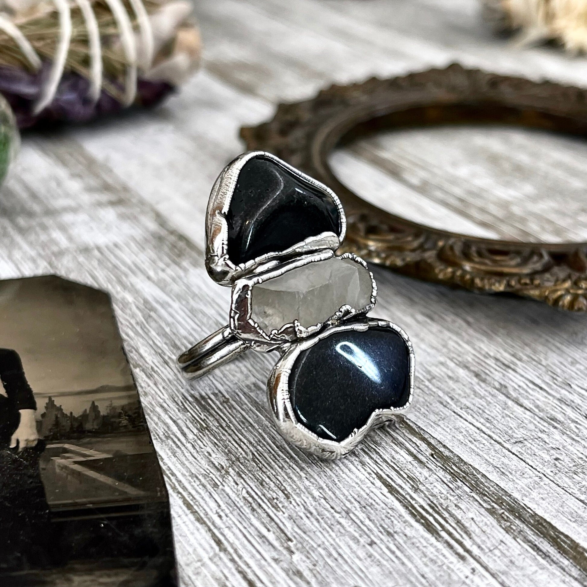 Size 8 Crystal Ring - Three Stone Black Onyx Clear Quartz Ring in Silver / Foxlark Collection - One of a Kind / Big Witchy Crystal Jewelry