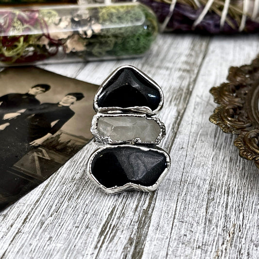 Size 8 Crystal Ring - Three Stone Black Onyx Clear Quartz Ring in Silver / Foxlark Collection - One of a Kind / Big Witchy Crystal Jewelry