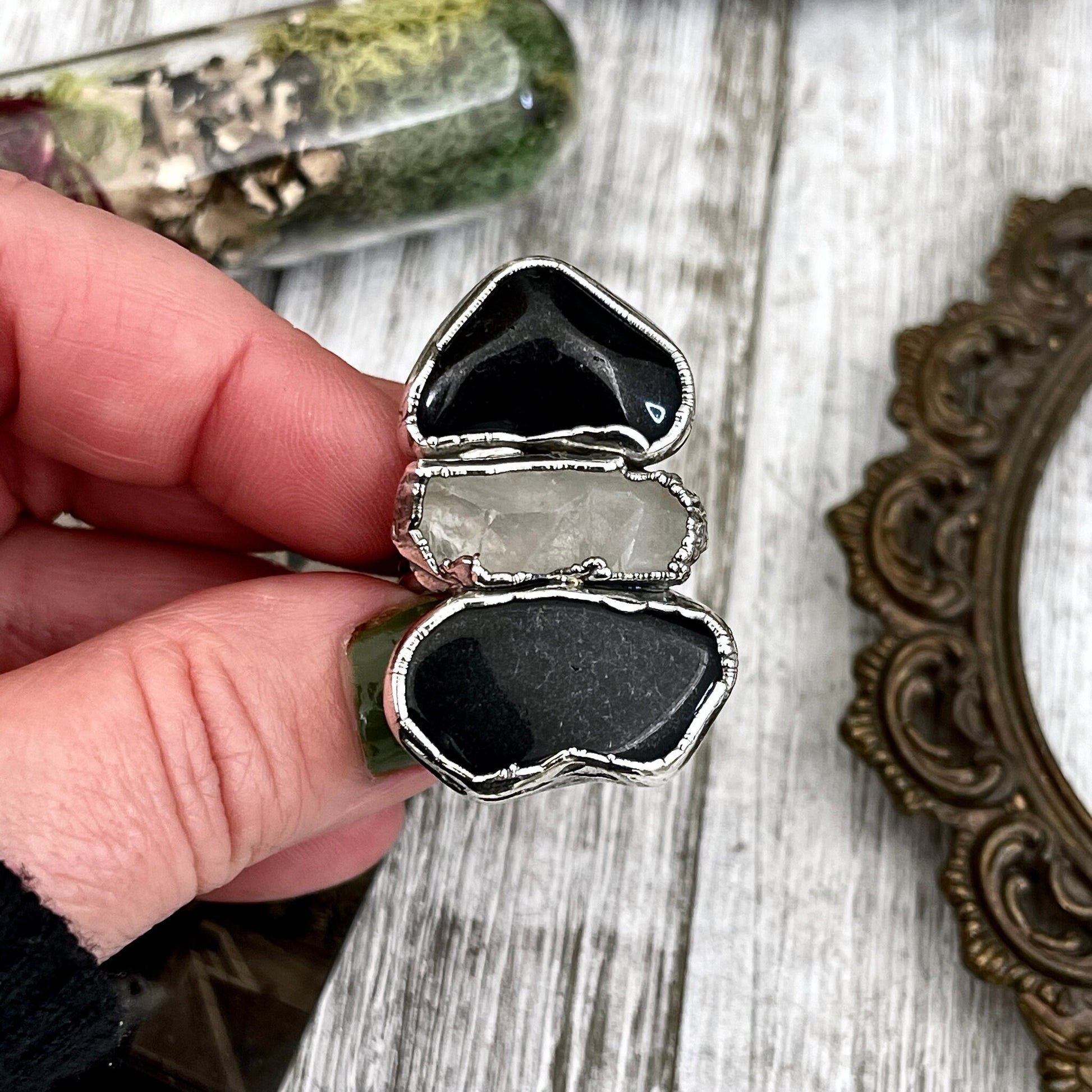 Size 8 Crystal Ring - Three Stone Black Onyx Clear Quartz Ring in Silver / Foxlark Collection - One of a Kind / Big Witchy Crystal Jewelry