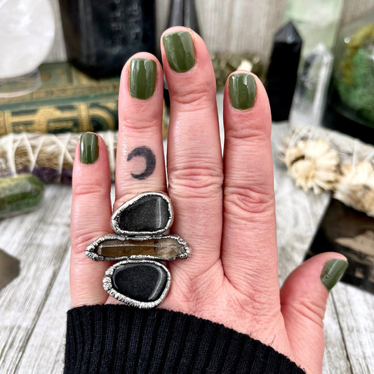 Size 7.5 Crystal Ring - Three Stone Black Onyx Raw Smokey Quartz Silver Sheen Obsidian Ring in Silver / Foxlark Collection - One of a Kind