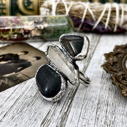 Size 9 Crystal Ring - Three Stone River Rock Raw Quartz Golden Sheen Obsidian Ring in Silver / Foxlark Collection - One of a Kind Jewelry