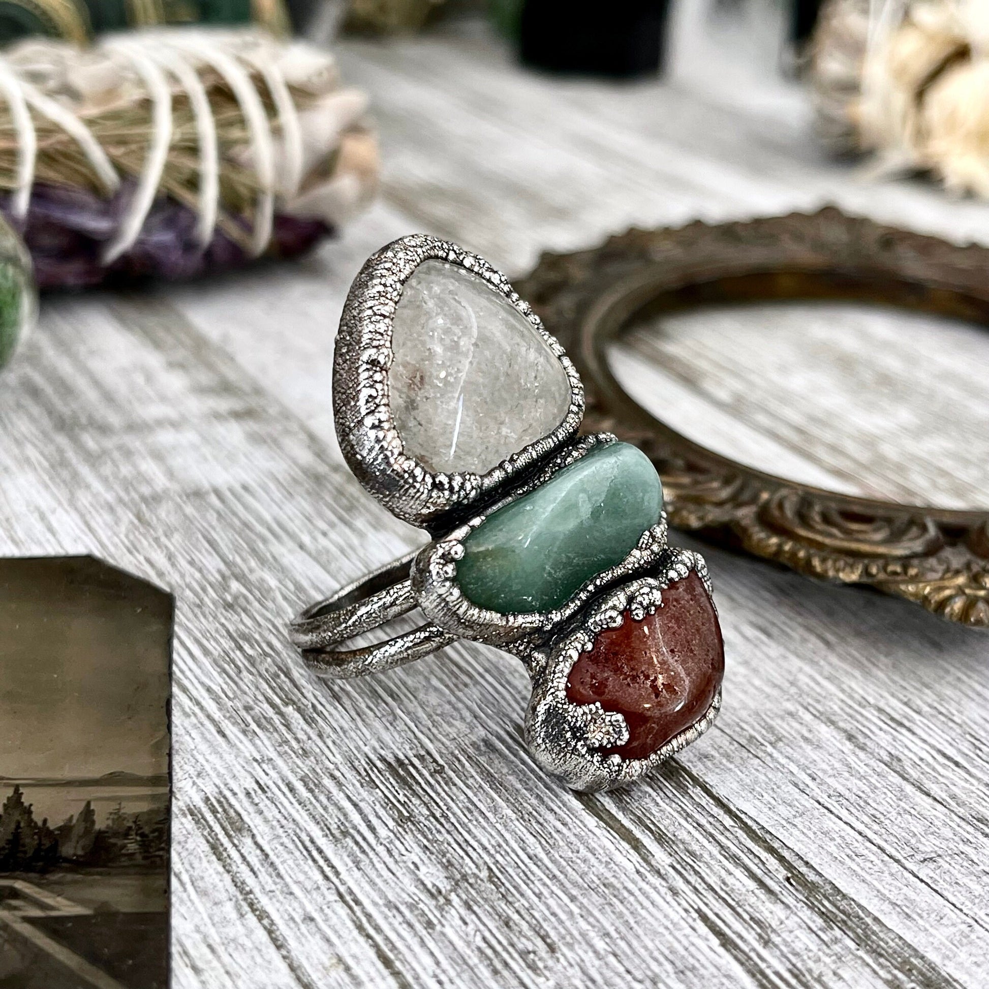 Size 9.5 Crystal Ring - Three Stone Red Carnelian Clear Quartz Aventurine Silver Ring / Foxlark Collection - One of a Kind / Crystal Jewelry