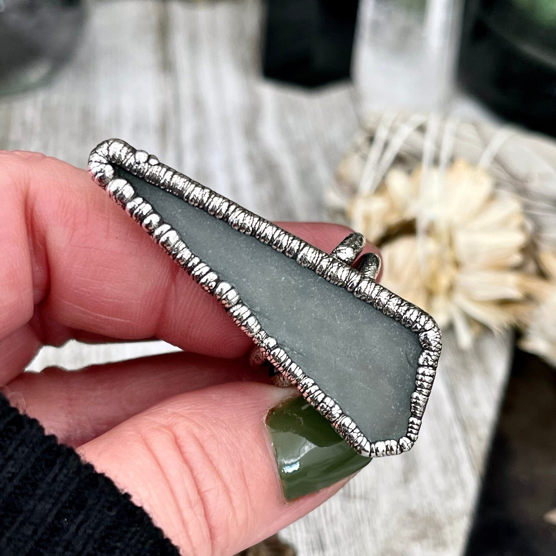 Size 8 Green Sea Glass Ring Set in Fine Silver / Foxlark Collection - One of a Kind / Statement Crystal Jewelry Bohemian Ring