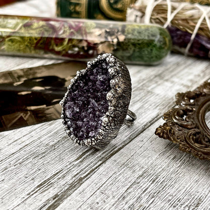 Size 8.5 Big Raw Amethyst Purple Crystal Ring in Fine Silver / Foxlark Collection - One of a Kind / Big Crystal Ring Witchy Jewelry Gemstone