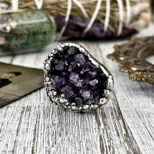 Size 6 Big Raw Amethyst Purple Crystal Ring in Fine Silver / Foxlark Collection - One of a Kind / Big Crystal Ring Witchy Jewelry Gemstone