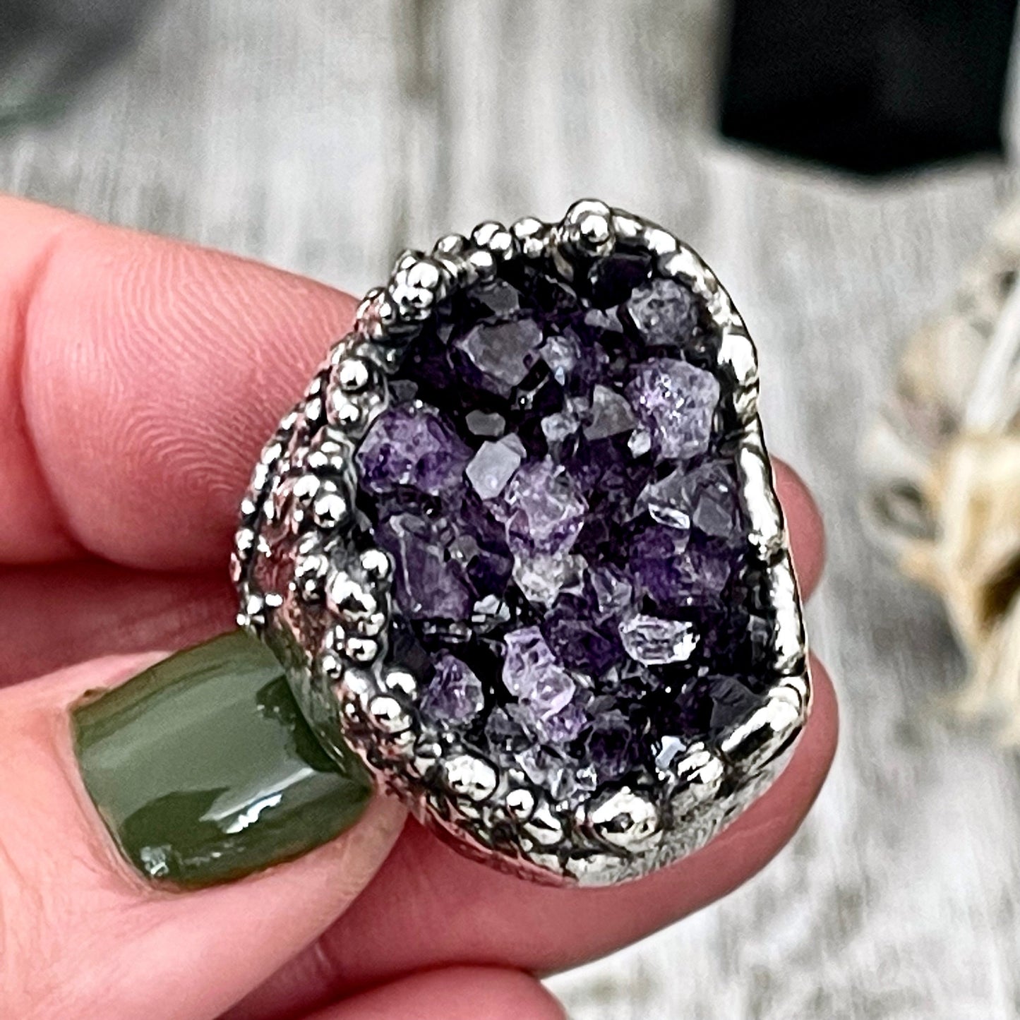 Size 6 Big Raw Amethyst Purple Crystal Ring in Fine Silver / Foxlark Collection - One of a Kind / Big Crystal Ring Witchy Jewelry Gemstone