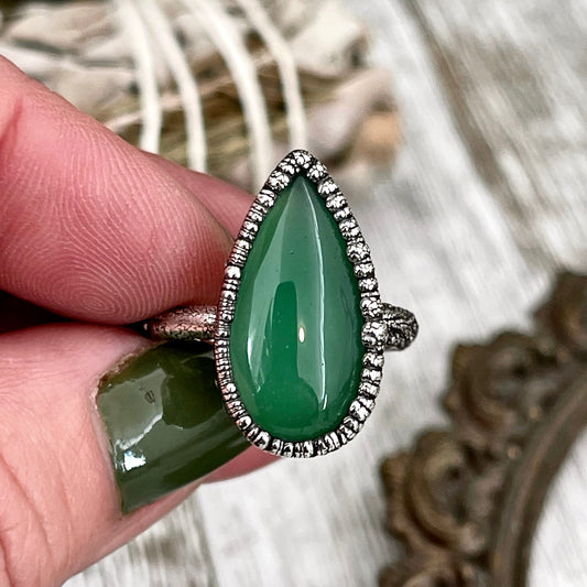 Green Agate Ring in Fine Silver Size 7 8 9 10 / Large Crystal Ring - Green Stone Ring - Silver Crystal Ring - Bohemian Jewelry
