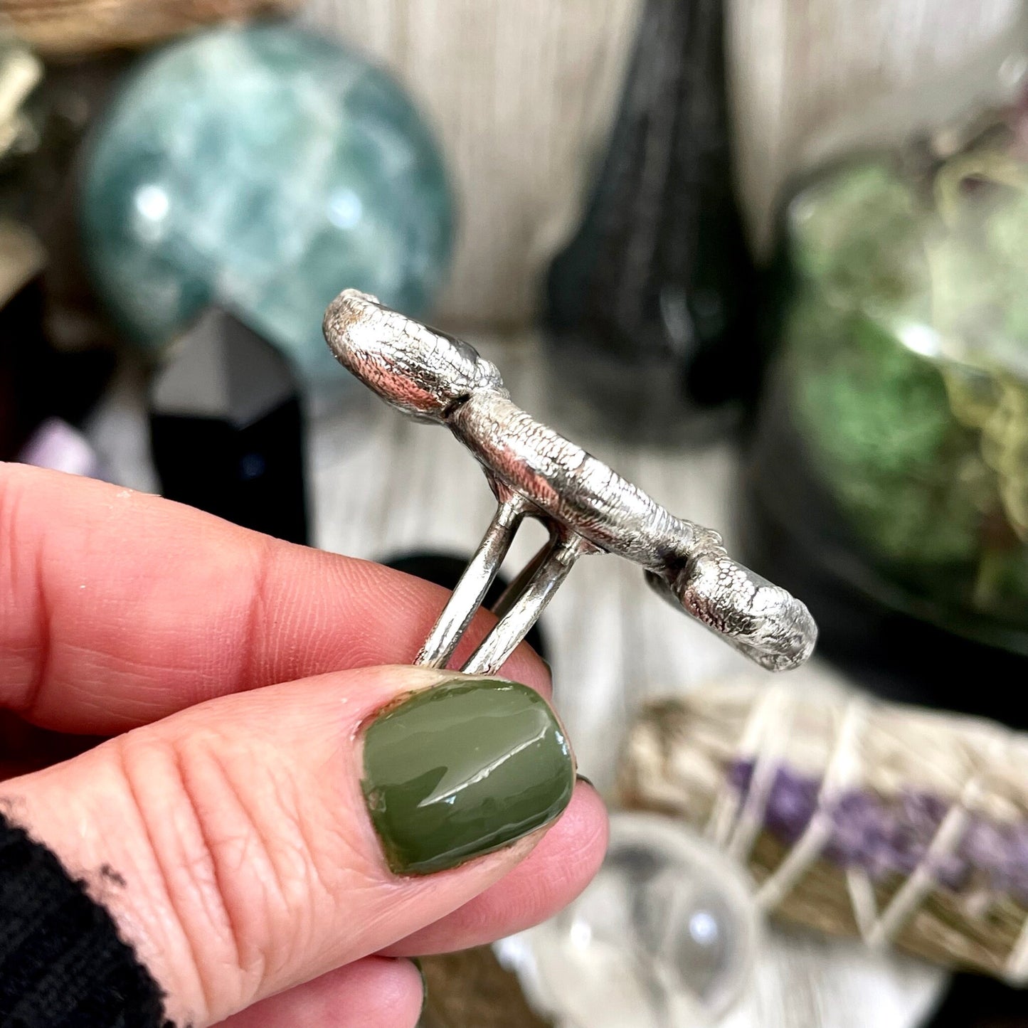Size 10 Three Stone Ring- Tourmaline Quartz River Rock Sea Glass Crystal Ring Fine Silver / Foxlark Collection - One of a Kind / Jewelry