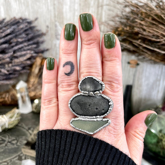 Size 10 Three Stone Ring- Tourmaline Quartz River Rock Sea Glass Crystal Ring Fine Silver / Foxlark Collection - One of a Kind / Jewelry