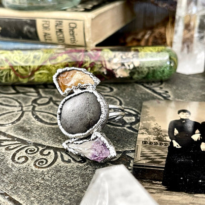 Size 9.5 Three Stone Ring- Citrine Amethyst River Rock Crystal Ring Fine Silver / Foxlark Collection - One of a Kind / Statement Jewelry