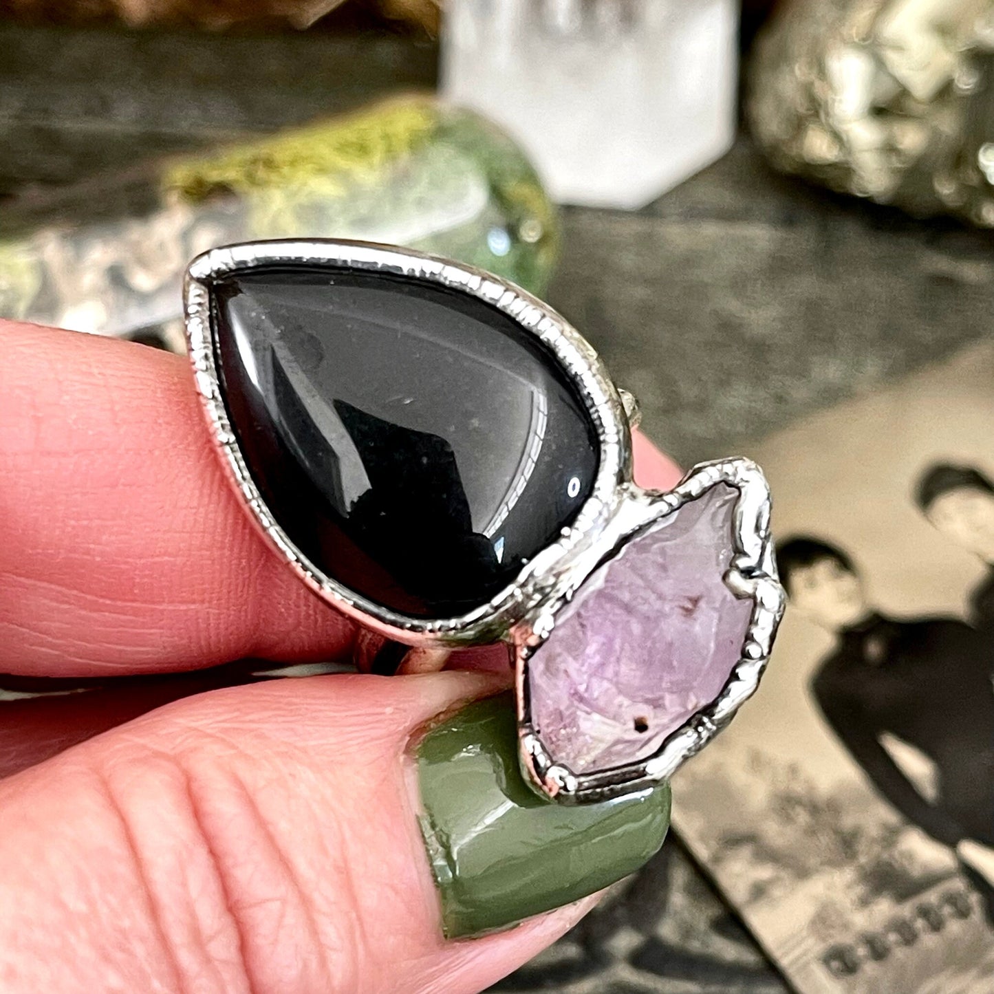 Size 8.5 Two Stone Ring- Black Onyx Purple Raw Amethyst Crystal Ring Fine Silver / Foxlark Collection - One of a Kind / Statement Jewelry