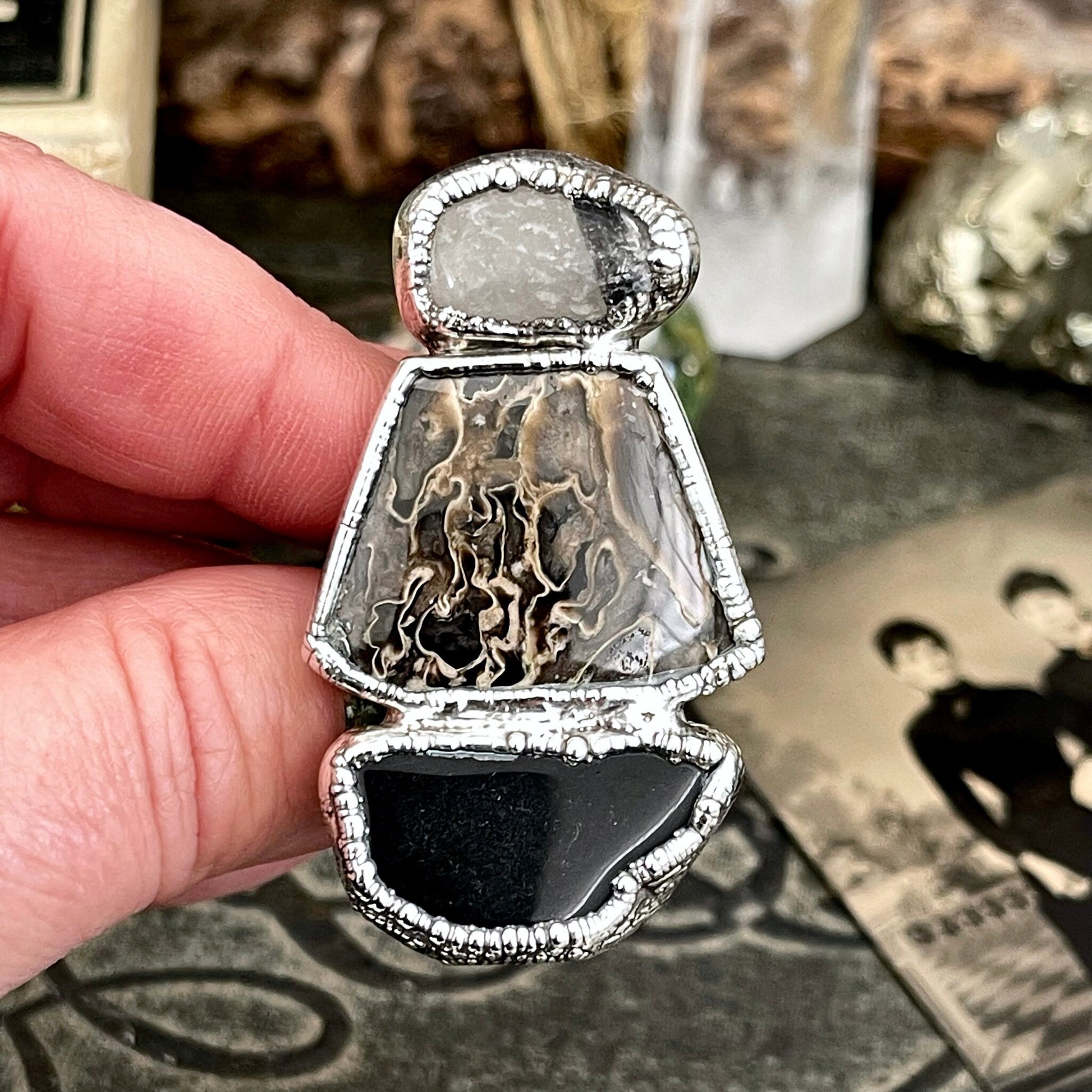 Size 10.5 Three Stone Ring- Palm Root Black Onyx Tourmaline Quartz Crystal Ring Fine Silver / Foxlark Collection - One of a Kind / Jewelry