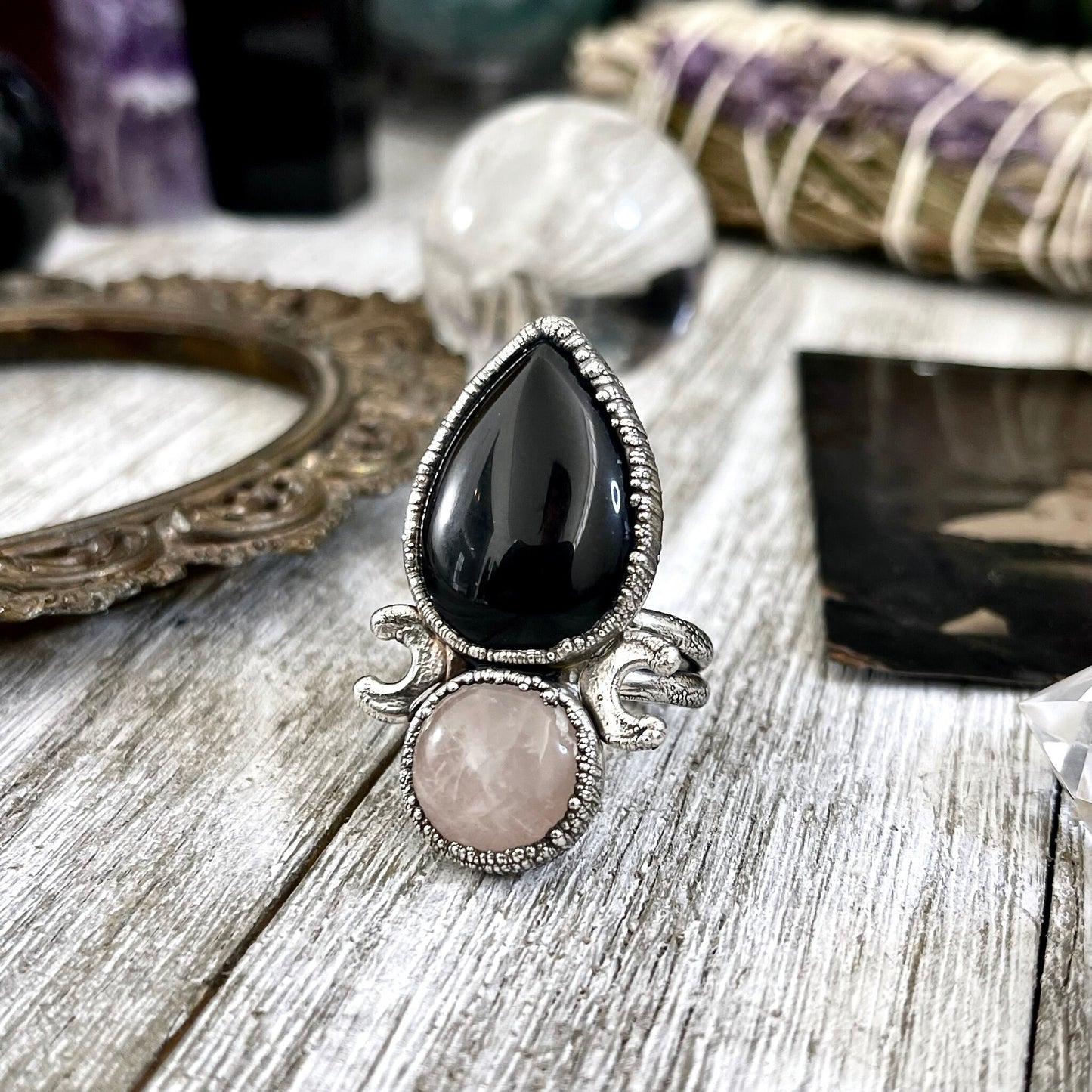 Size 10 Two Stone Ring- Black Onyx Rose Quartz Crystal Ring Fine Silver / Foxlark Collection - One of a Kind / Statement Jewelry