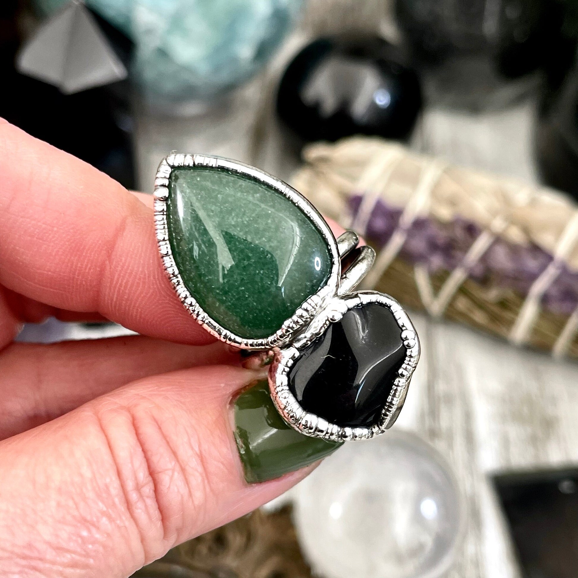 Size 8.5 Two Stone Ring- Black Onyx Green Aventurine Crystal Ring Fine Silver / Foxlark Collection - One of a Kind / Statement Jewelry