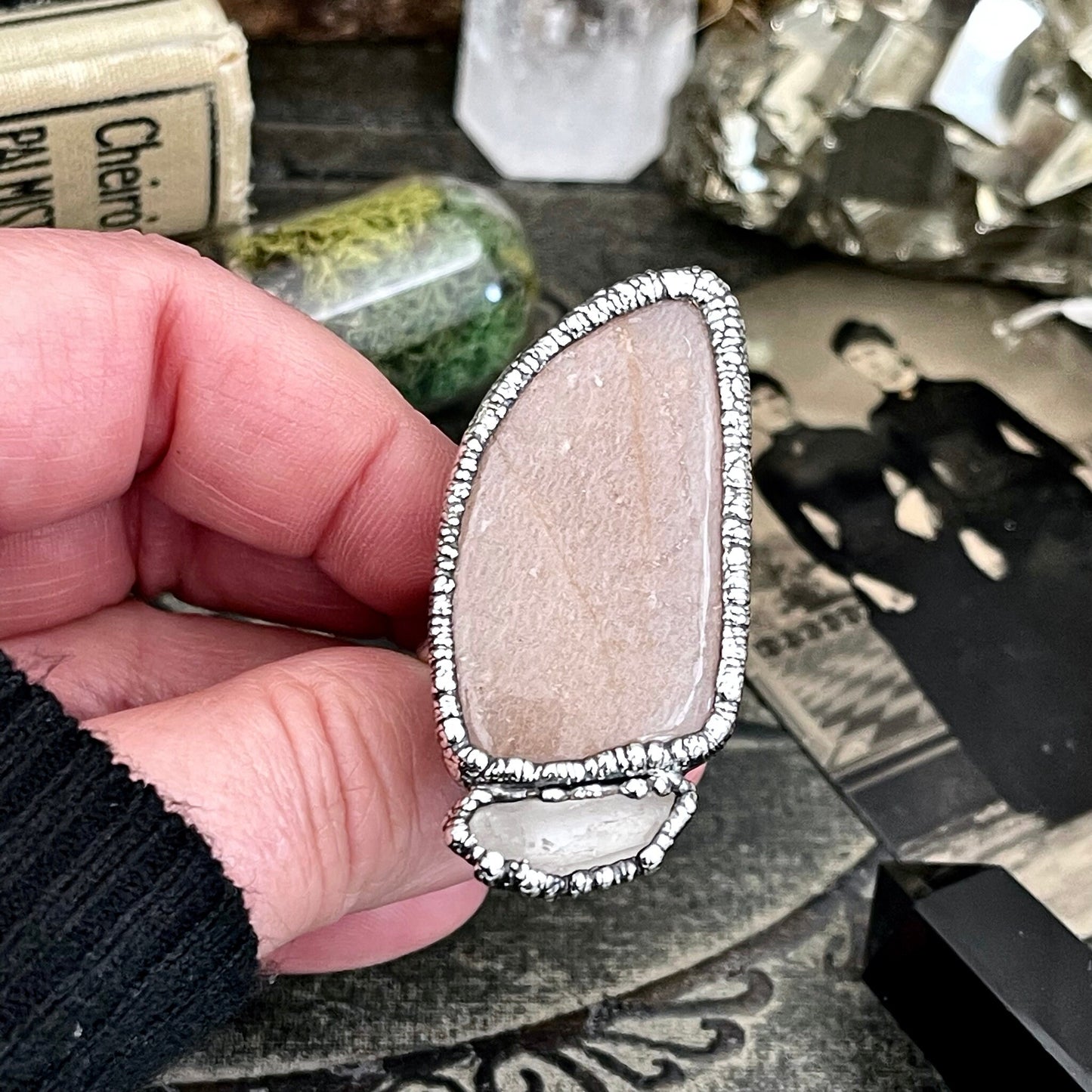 Size 10 Two Stone Ring- Peach Moonstone Clear Quartz Crystal Ring Fine Silver / Foxlark Collection - One of a Kind / Statement Jewelry