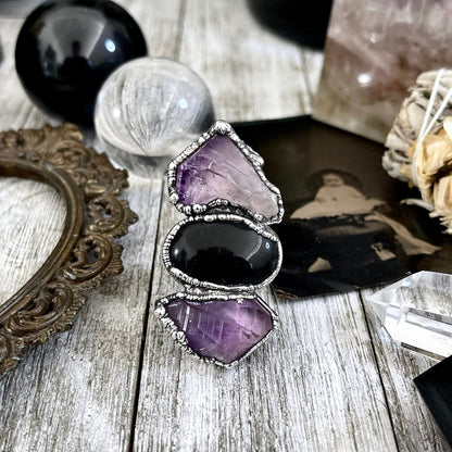 Size 9.5 Three Stone Ring- Amethyst Black Onyx Crystal Ring Fine Silver / Foxlark Collection - One of a Kind / Big Statement Jewelry