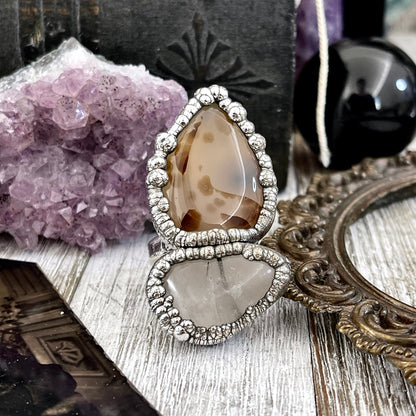 Size 9 Two Stone Ring- Dendritic Agate Tourmaline Quartz Crystal Ring Fine Silver / Foxlark Collection - One of a Kind / Statement Jewelry
