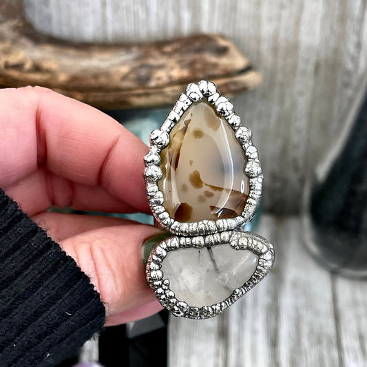 Size 9 Two Stone Ring- Dendritic Agate Tourmaline Quartz Crystal Ring Fine Silver / Foxlark Collection - One of a Kind / Statement Jewelry