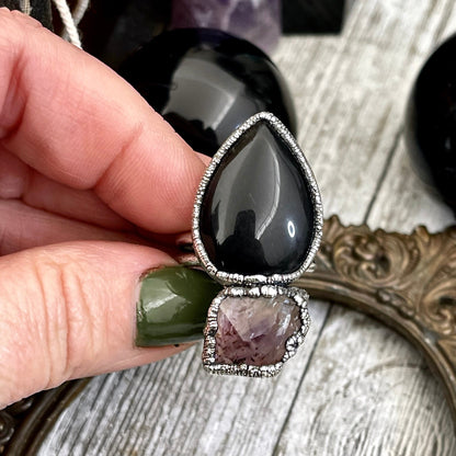 Size 8.5 Two Stone Ring- Black Onyx Purple Raw Amethyst Crystal Ring Fine Silver / Foxlark Collection - One of a Kind / Statement Jewelry