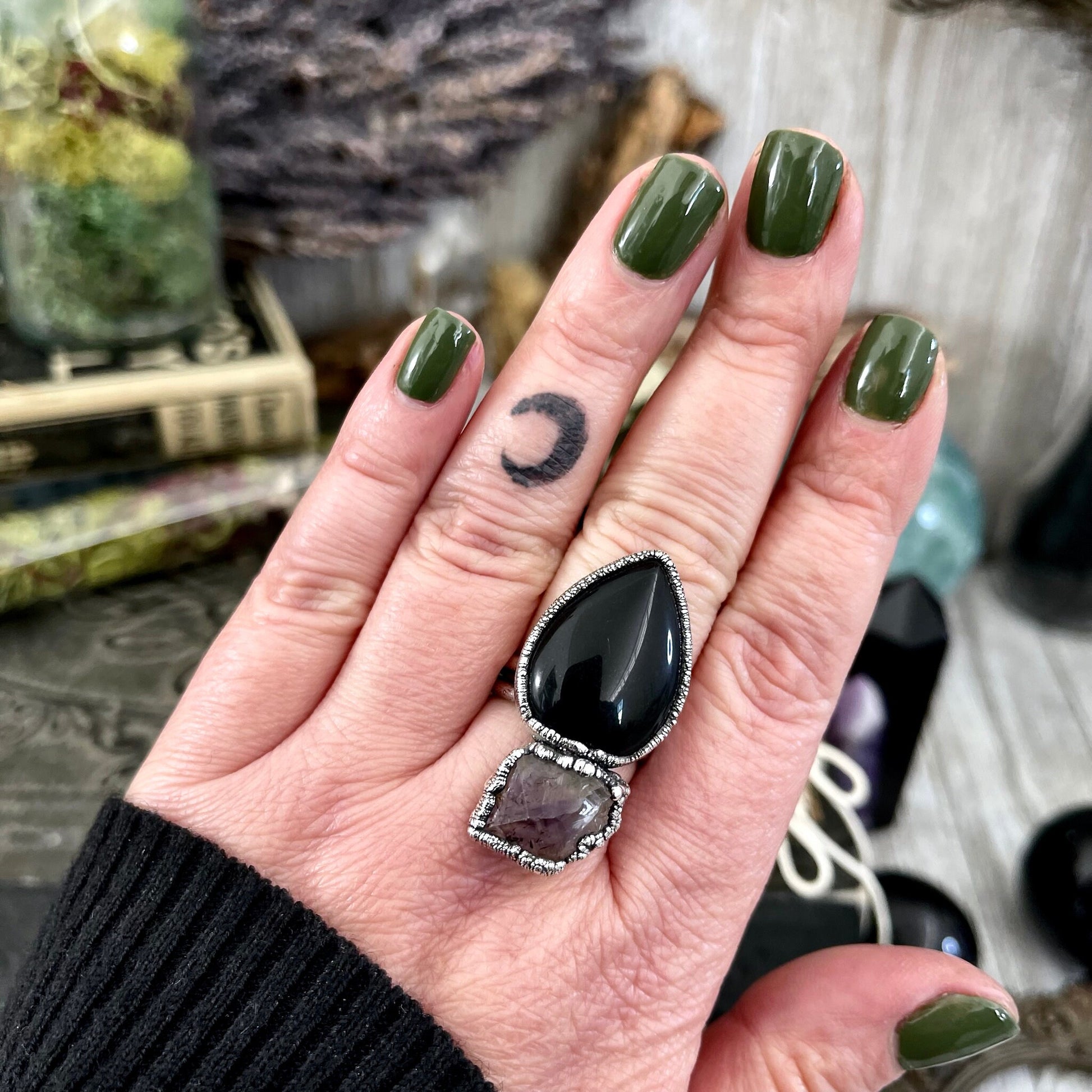 Size 8.5 Two Stone Ring- Black Onyx Purple Raw Amethyst Crystal Ring Fine Silver / Foxlark Collection - One of a Kind / Statement Jewelry