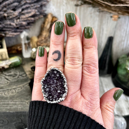 Size 7.5 Big Raw Amethyst Purple Crystal Ring in Fine Silver / Foxlark Collection - One of a Kind / Big Crystal Ring Witchy Jewelry