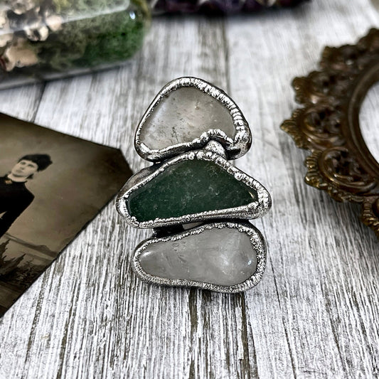 Size 7 Crystal Ring - Three Stone Clear Quartz Green Aventurine Ring in Silver / Foxlark Collection - One of a Kind / Big Crystal Jewelry