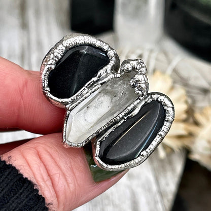 Size 6.5 Crystal Ring - Three Stone Ring Black Onyx & Clear Quartz Silver Ring / Foxlark Collection - One of a Kind / Big Crystal Jewelry