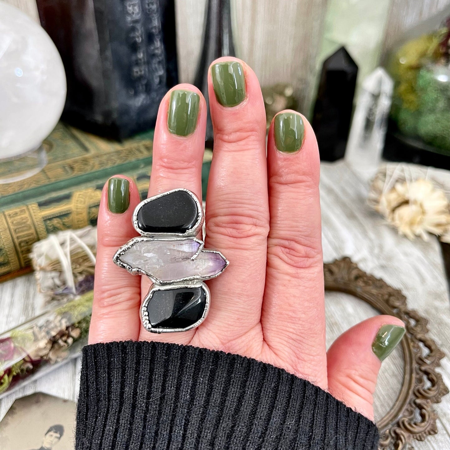 Size 7 Crystal Ring - Three Stone Black Onyx Purple Veracruz Amethyst Silver Ring / Foxlark Collection - One of a Kind / Big Crystal Jewelry