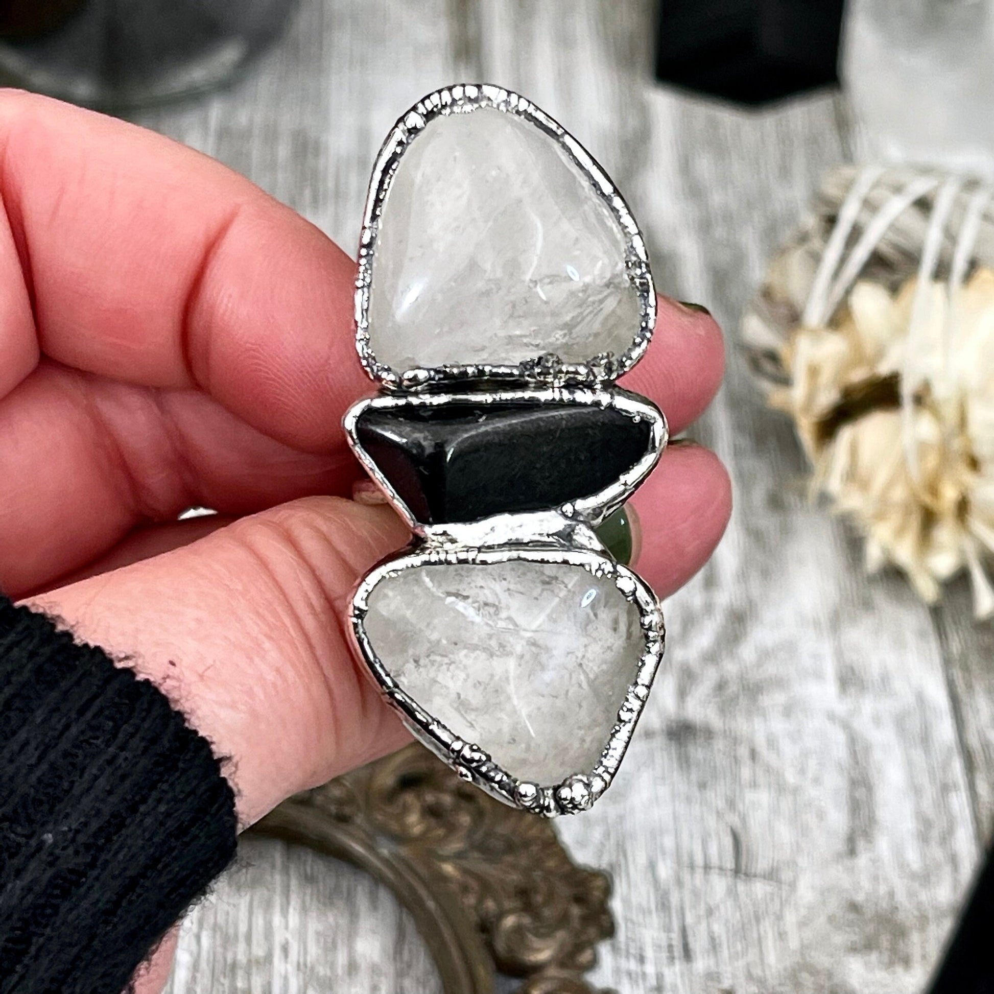 Size 8.5 Crystal Ring - Three Stone Black Onyx Clear Quartz Ring in Silver / Foxlark Collection - One of a Kind / Big Boho Crystal Jewelry