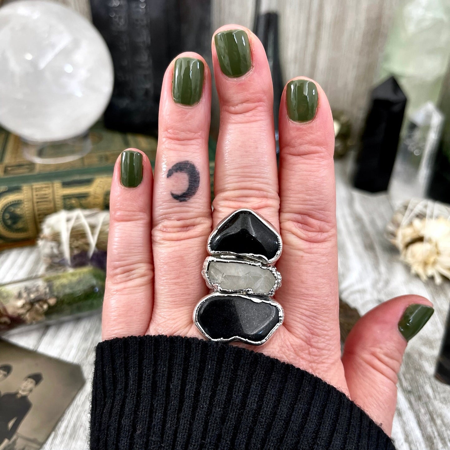 Size 8 Crystal Ring - Three Stone Black Onyx Clear Quartz Ring in Silver / Foxlark Collection - One of a Kind / Big Witchy Crystal Jewelry