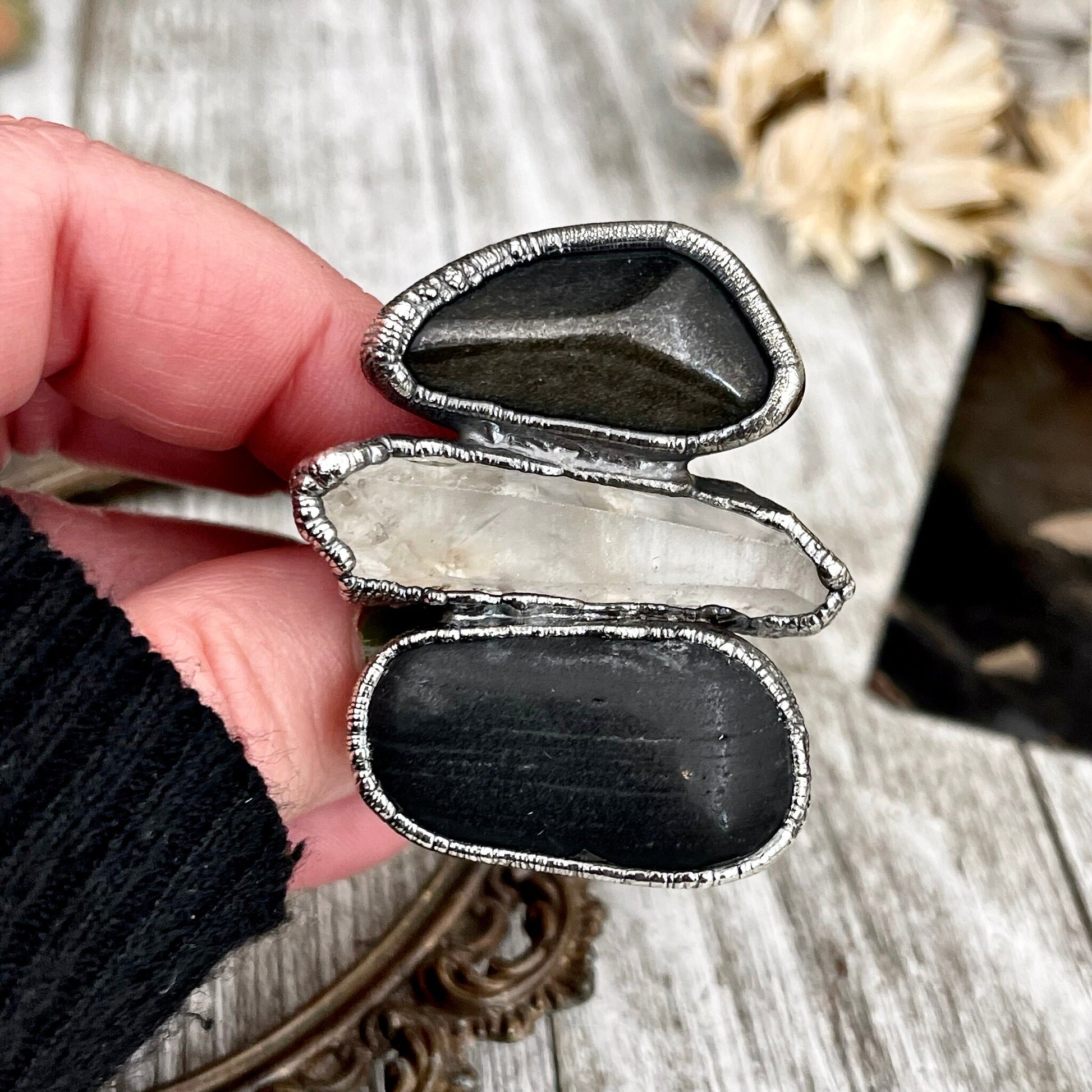Size 9 Crystal Ring - Three Stone River Rock Raw Quartz Golden Sheen Obsidian Ring in Silver / Foxlark Collection - One of a Kind Jewelry