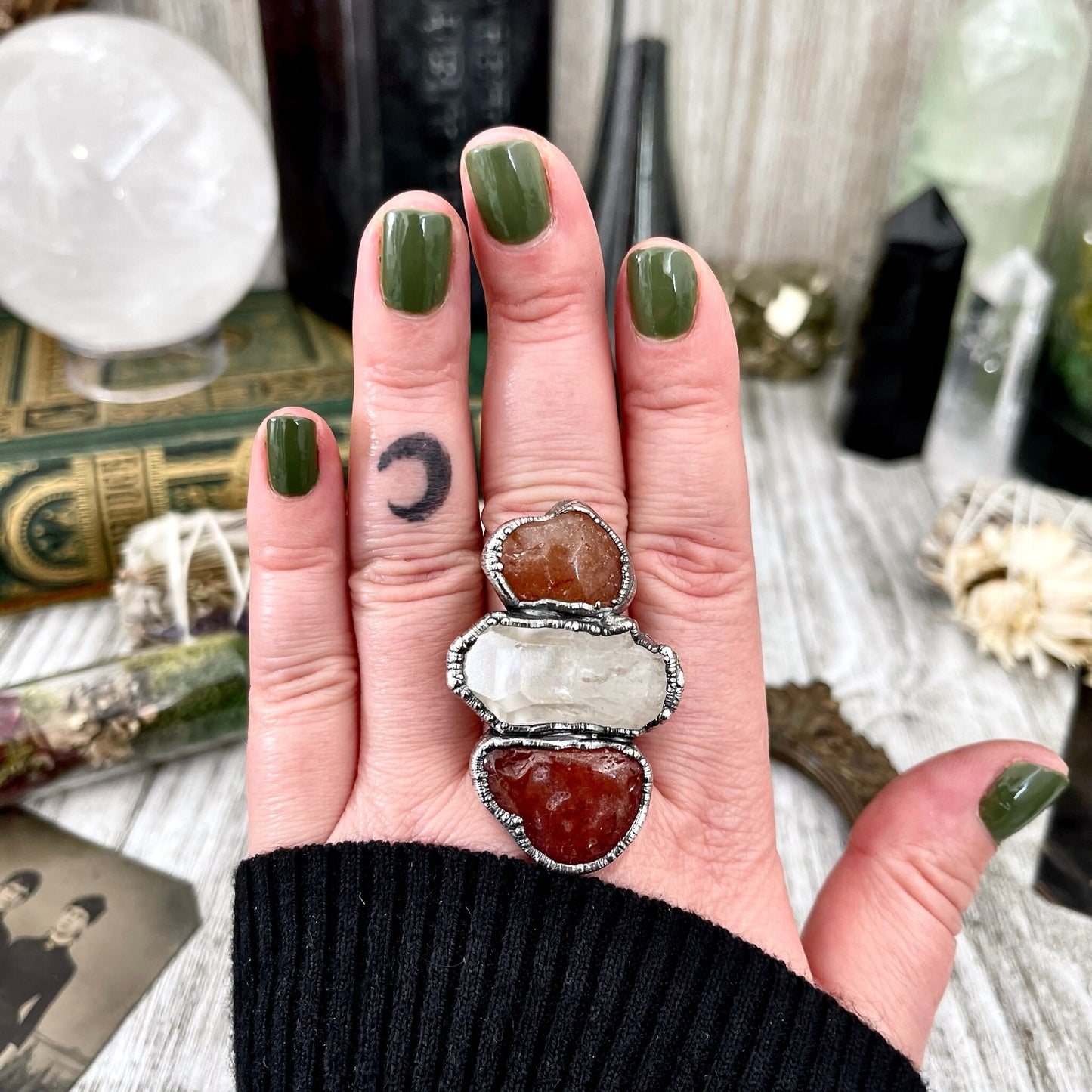 Size 8.5 Crystal Ring - Three Stone Ring Red Carnelian Clear Quartz Silver Ring / Foxlark Collection - One of a Kind / Big Crystal Jewelry