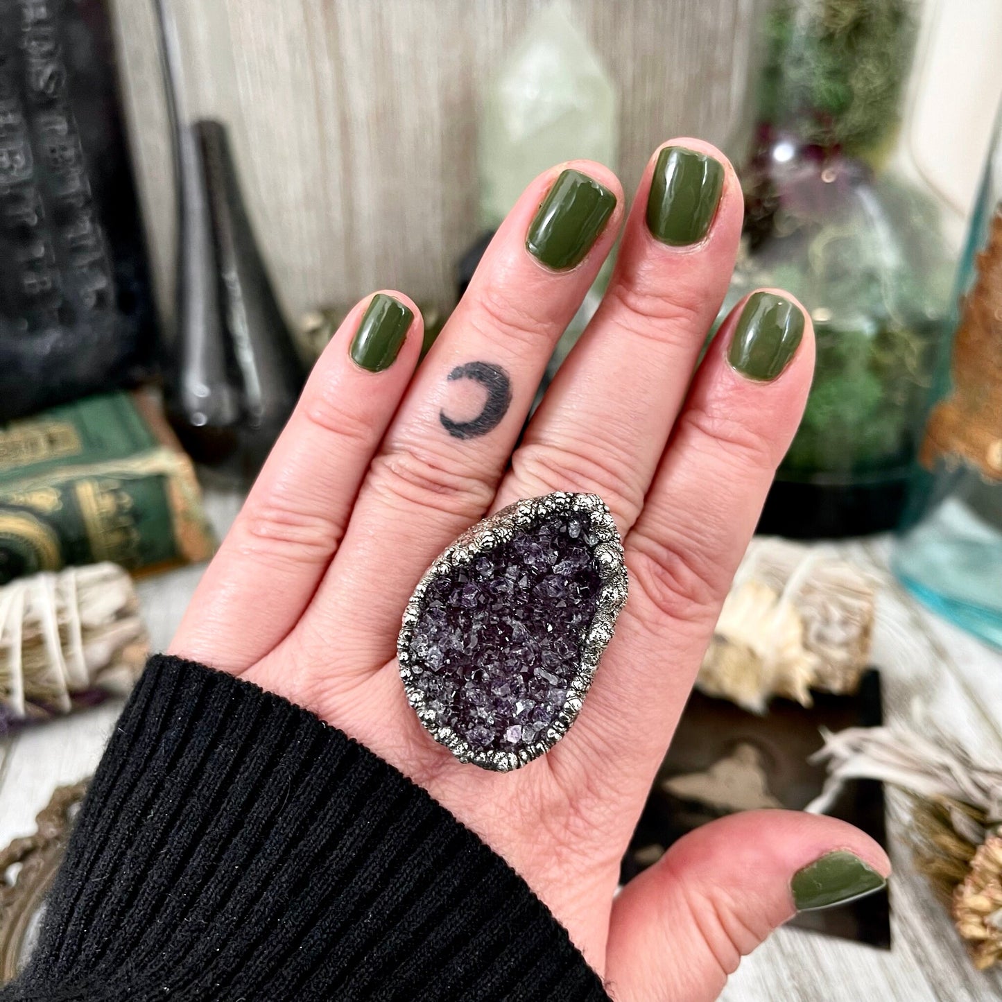 Size 8.5 Big Raw Amethyst Purple Crystal Ring in Fine Silver / Foxlark Collection - One of a Kind / Big Crystal Ring Witchy Jewelry Gemstone