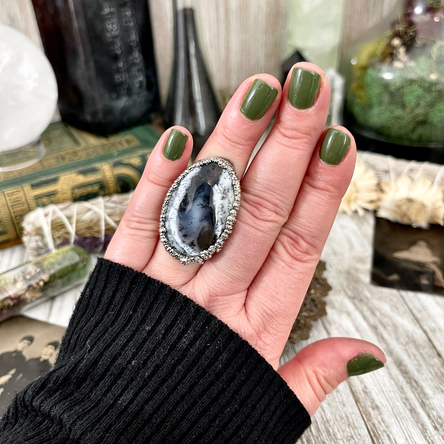 Size 7 Dendritic Agate Large Crystal Ring in Fine Silver for Woman / Foxlark Collection - One of a Kind / Big Crystal Ring Witchy Jewelry