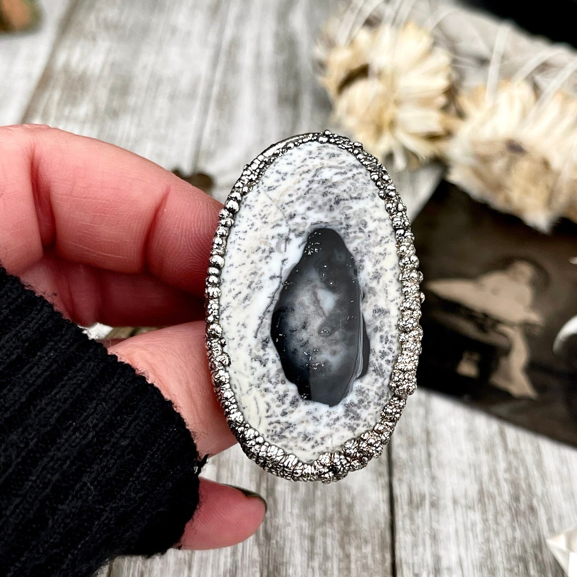 Size 7 Dendritic Agate Large Crystal Ring in Fine Silver / Foxlark Collection - One of a Kind / Big Crystal Ring Witchy Jewelry