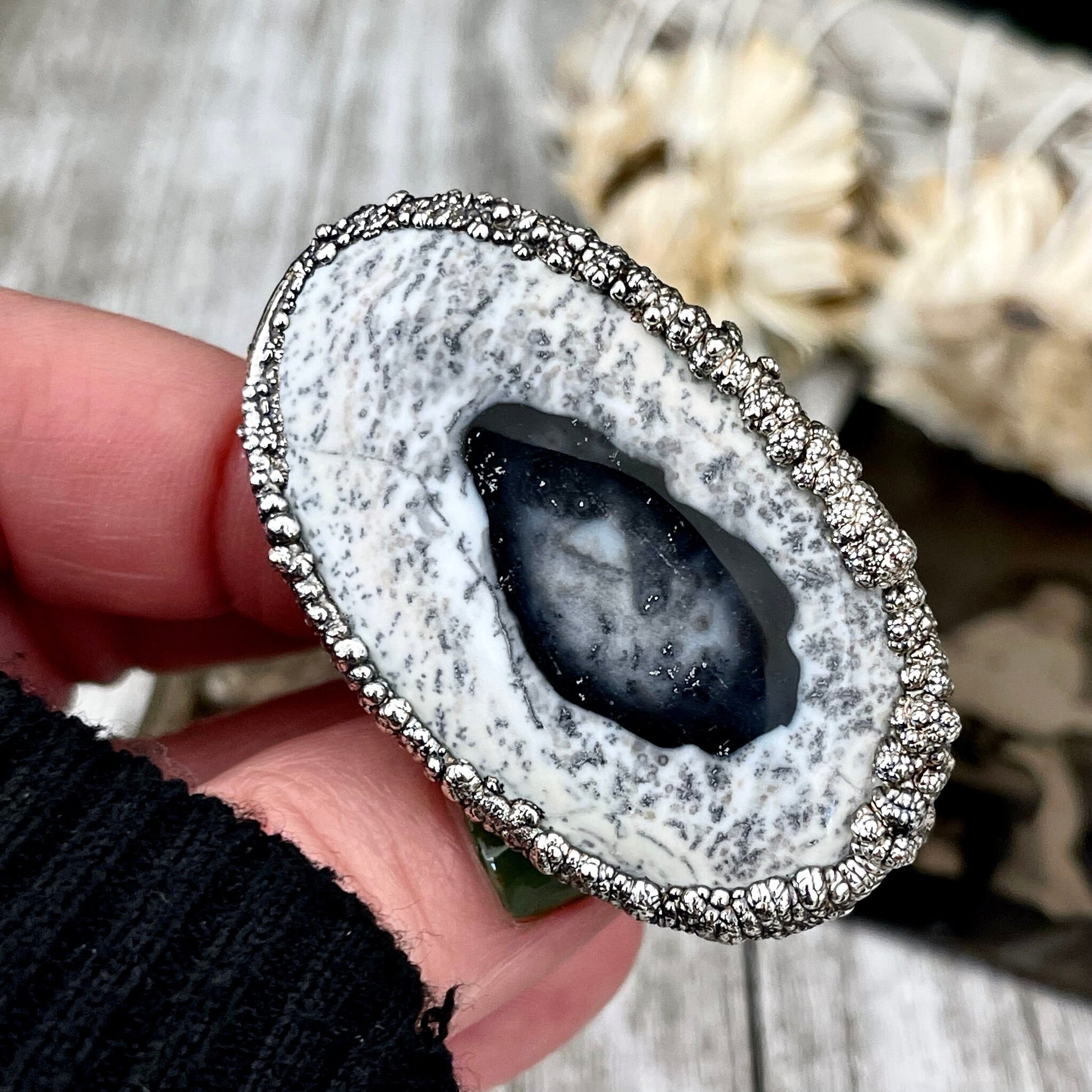 Size 7 Dendritic Agate Large Crystal Ring in Fine Silver / Foxlark Collection - One of a Kind / Big Crystal Ring Witchy Jewelry